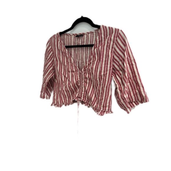 Volcom Top White/Red Blouse 100% Cotton Short Sleeve V-Neck Women's Size XL (12) - Picture 1 of 15